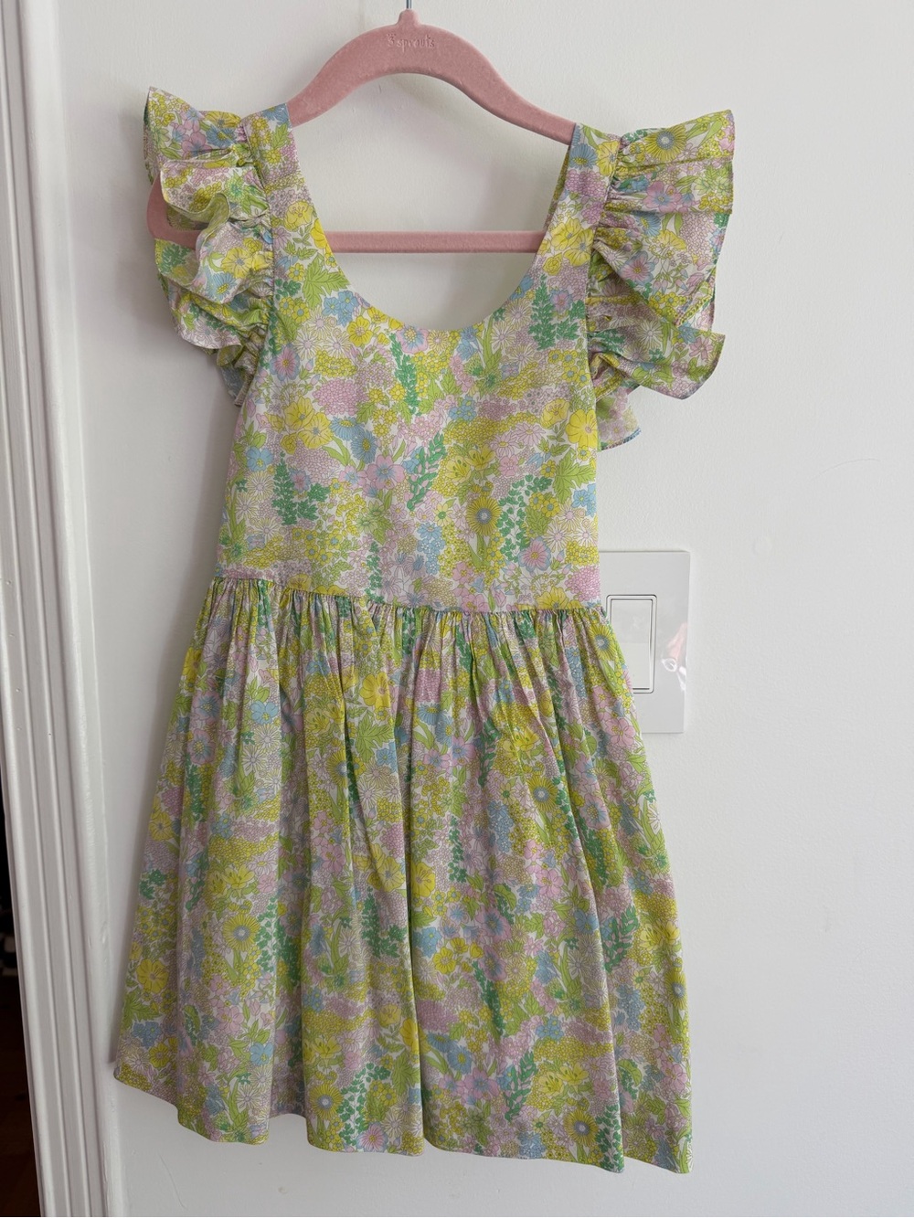 Jacadi Girls' Floral Ruffle Sleeve Dress in Pastel Green and Pink size 4A